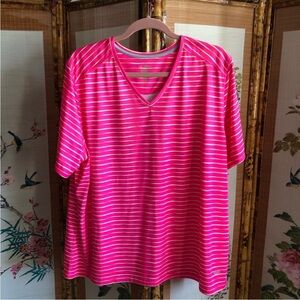 Reel Legends tee shirt performance outdoors pink V neck horizontal stripes fish